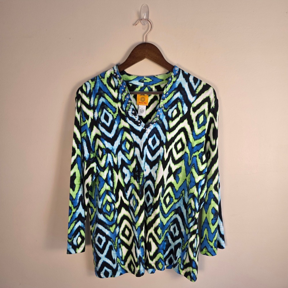 Ruby Rd Top Womens Large Blue Green Ikat Geometric Embellished 3/4 Sleeve 96551‎